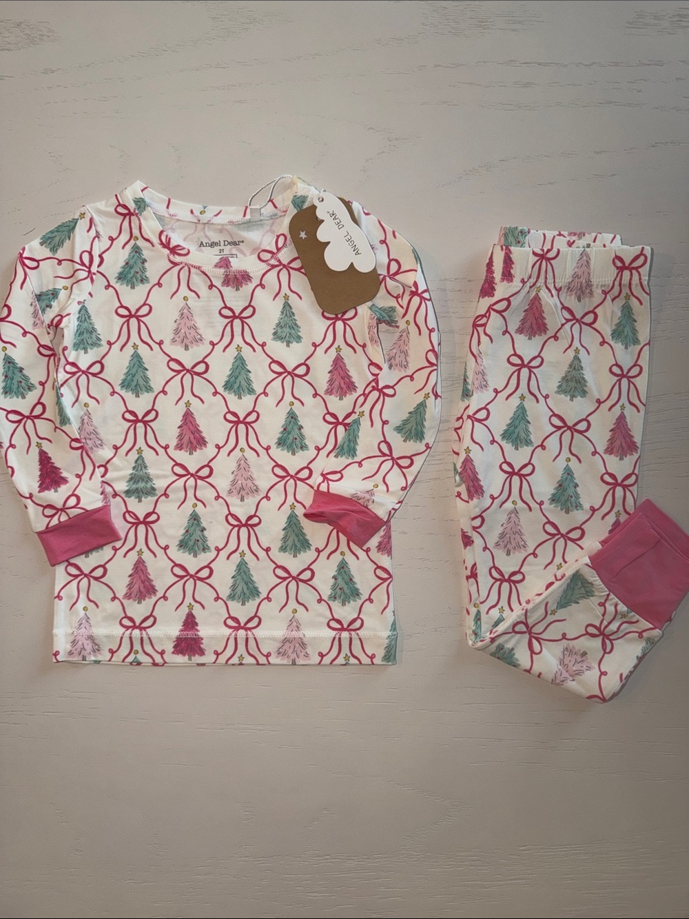 Angel Dear Pink Bows Christmas Trees Pajama Set 2T 3/4 5/6 7/8